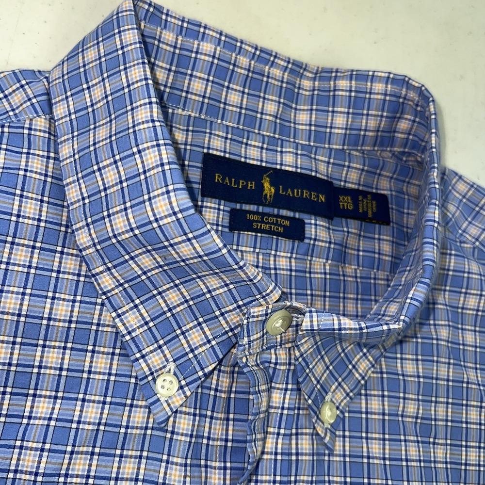 Polo Ralph Lauren Men's Button Down Shirt Size XXL 2XL Blue Plaid Cotton Stretch